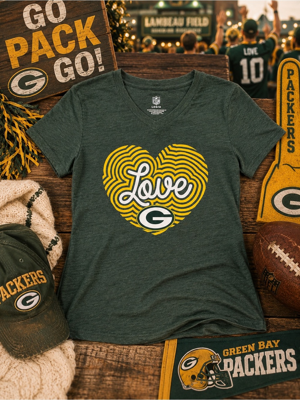 NFL Green Bay Packers Heathered Dark Green Team Logo V-Neck Tee Size 14 L